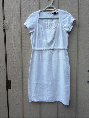 White Cap Sleeve, Bow Detail 100% Linen Dress - fully lined
